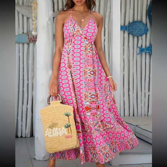 Boho Floral Paisley Print Backless Halter Maxi Dress - Picture 3 of 7